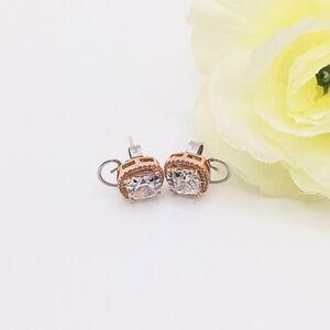 925 Rose Gold Halo Cubic Zirconia Stud Square Earrings